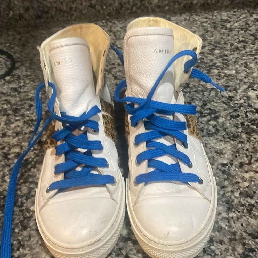 Amiri white brown leather leopard print sunset high top sneakers men sz 38